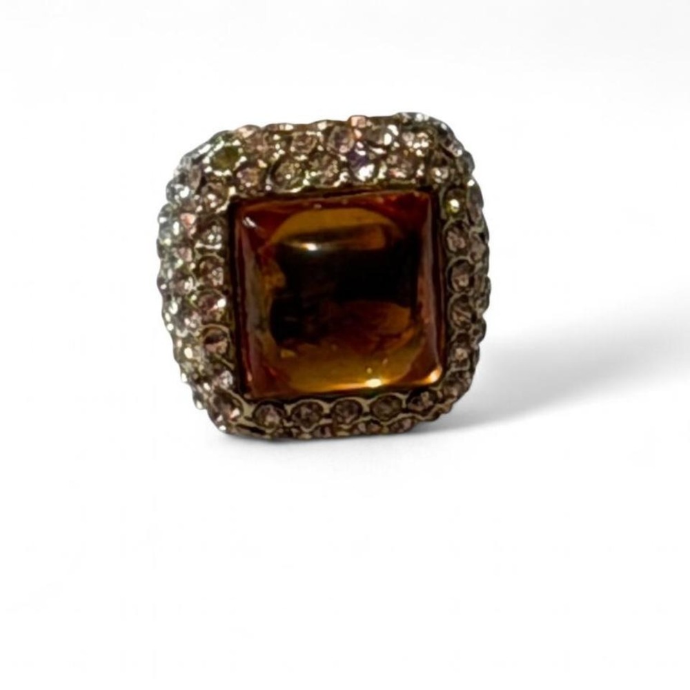 Amber Tone Square Cut Crystal Halo Cocktail‎ Ring